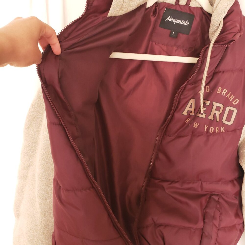 Aeropostale Beige Maroon Hoodie Varsity Bomber Quilted Zipper Jacket Size Large - Picture 15 of 16